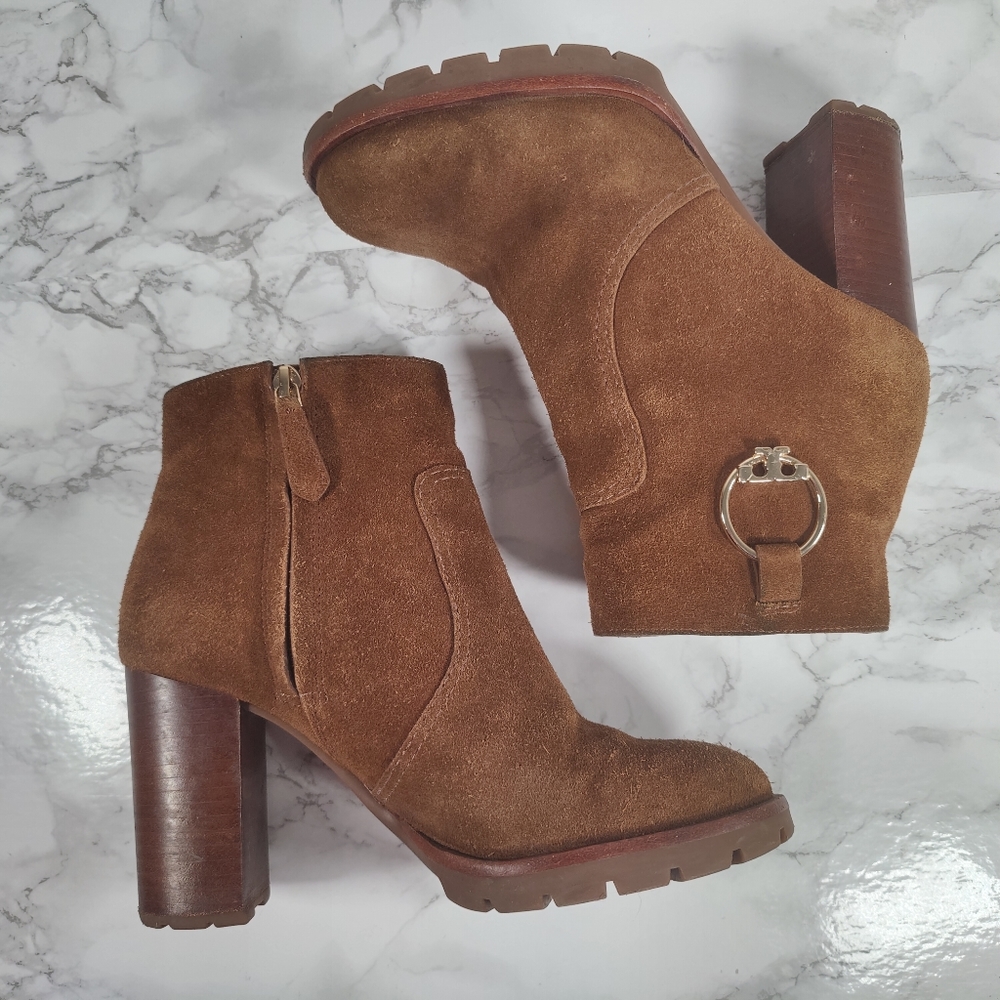 Tory Burch Sofia Lug Sole Booties Brown Suede Size 6 - Picture 6 of 16